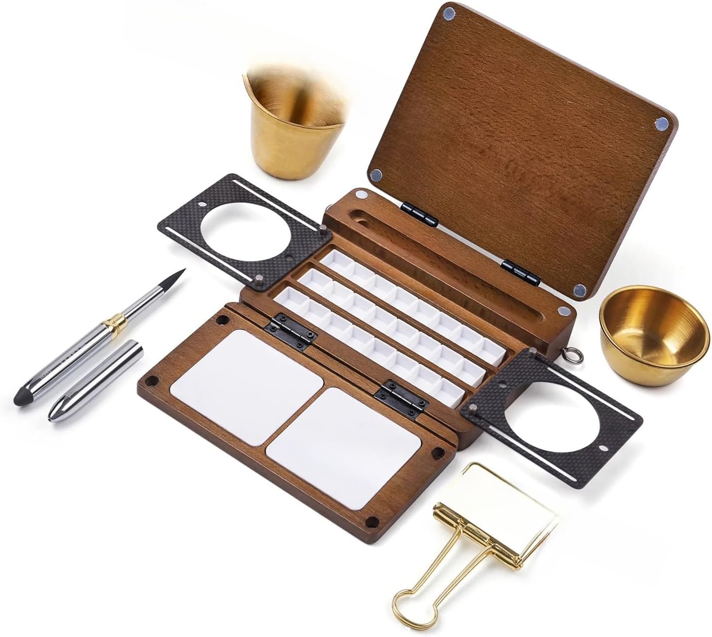 Professional Folding Watercolor Paint Palette 24 Well Wooden Paint Box for Artists Beginner Travel Outdoor Painting Portable Watercolor Color Scheme