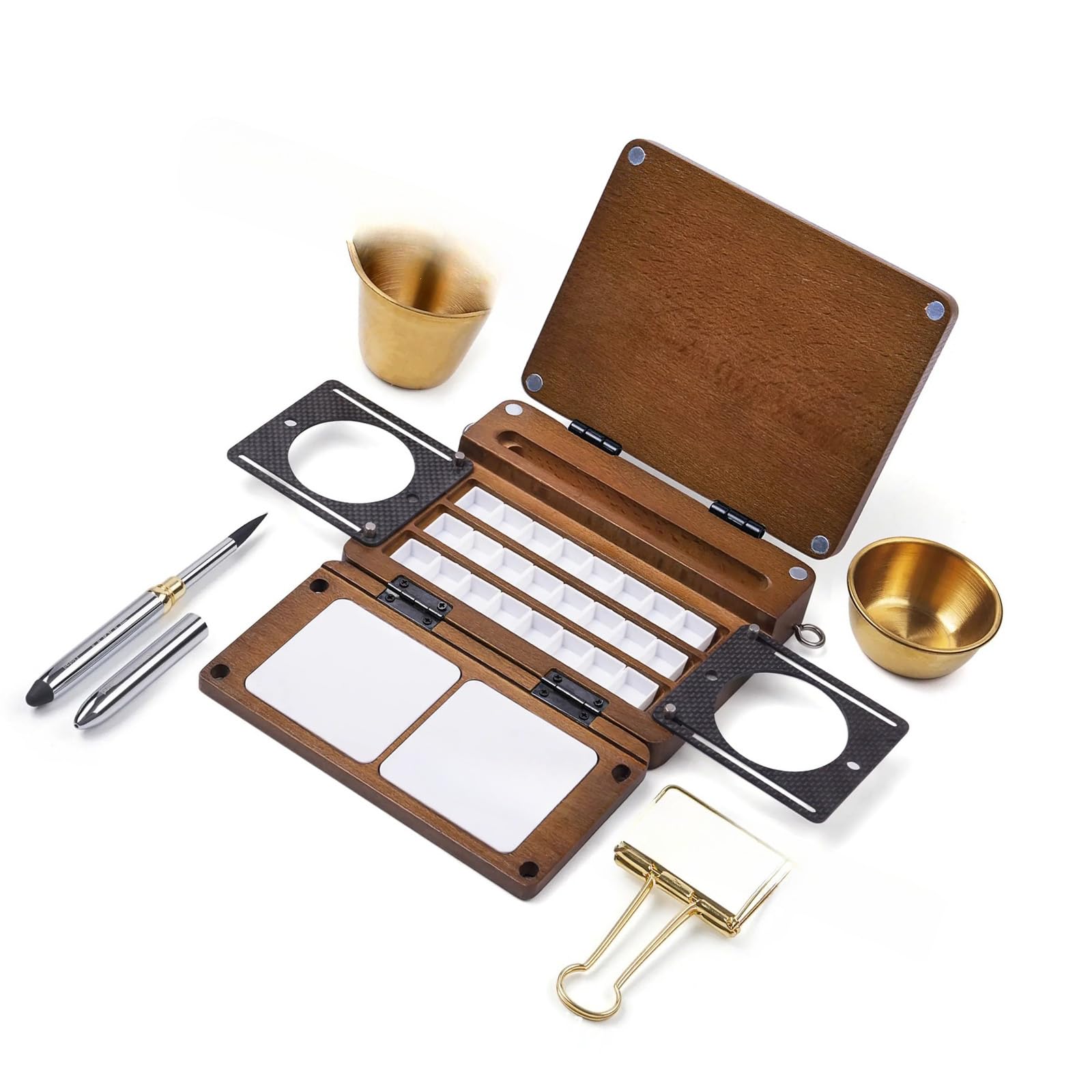 Paleta de acuarela de madera plegable con bloc de dibujo integrado y área de mezcla de colores, bandeja de pintura portátil de viaje para artistas, principiantes, bocetos y pintura al aire libre