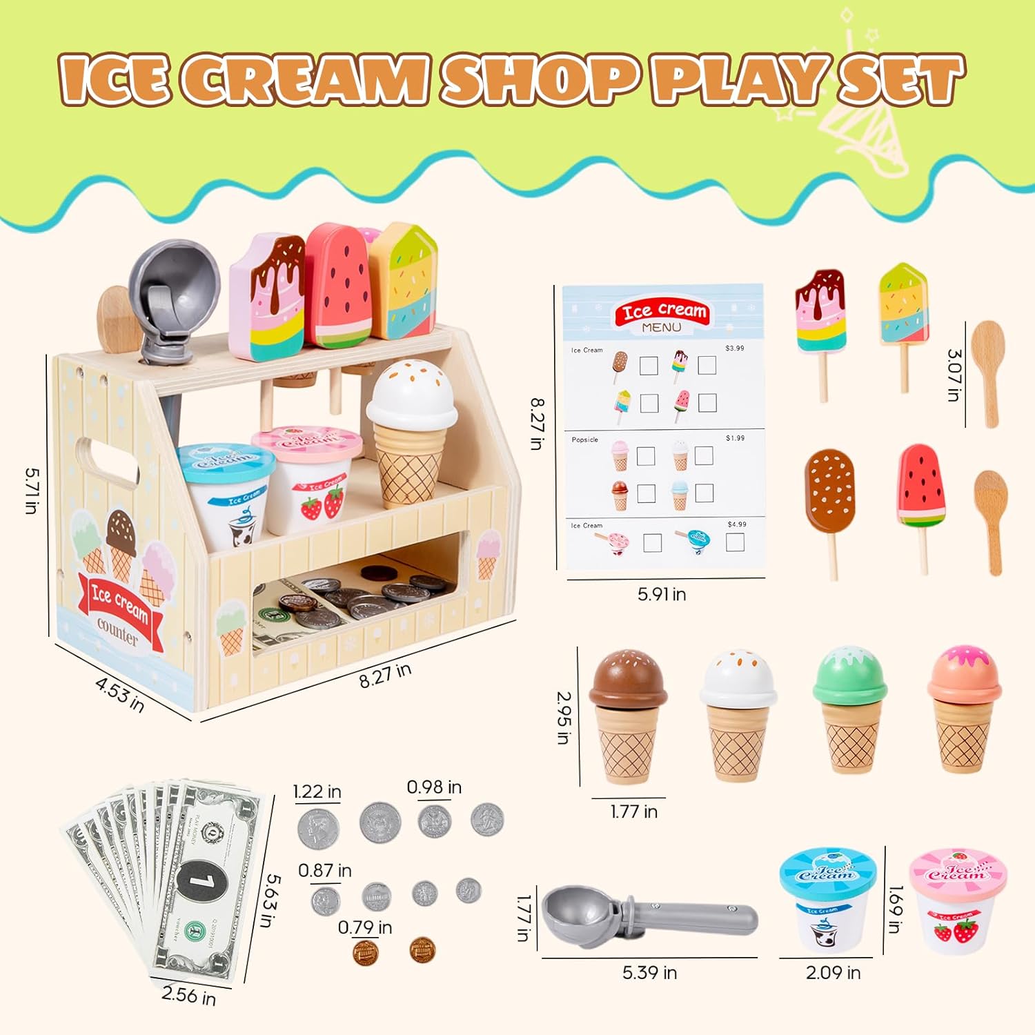 Brownroot Wooden Ice Cream Counter Toy Set, Pretend Play Food Shop with Play Money & Menu, Montessori Toddler Kitchen Accessories Educational Gift for Kids Boys Girls Ages 3+