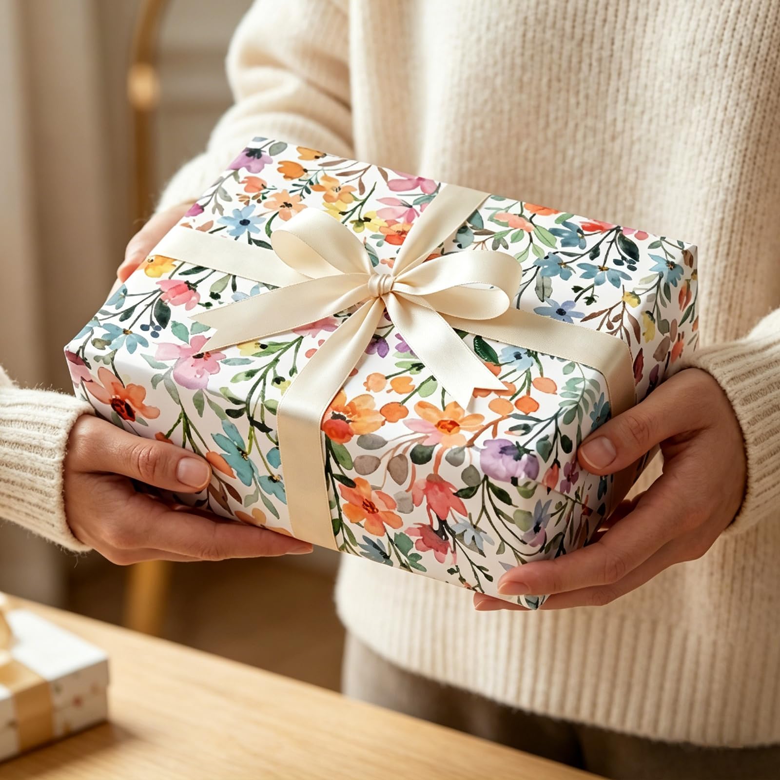 FYSUIMU Florales Geschenkpapier – Mini-Rolle – 43 cm x 100 cm Aquarell-Blumen-Geschenkpapier, bunte Wildblumen, Bastelpapier für Frühling, Hochzeit, Geburtstag