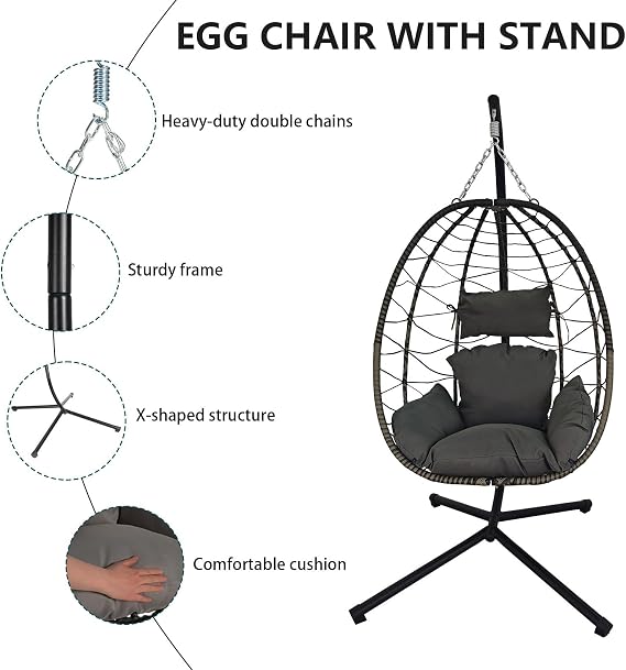 BIRCHTREE Hanging Egg Chair with Thick Cushions and Stand Garden Swing Hammock Chair Indoor Outdoor Sturdy Frame PE Rattan Single for Patio Balcony Grey