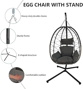 BIRCHTREE Hanging Egg Chair with Thick Cushions and Stand Garden Swing Hammock Chair Indoor Outdoor Sturdy Frame PE Rattan Single for Patio Balcony Grey