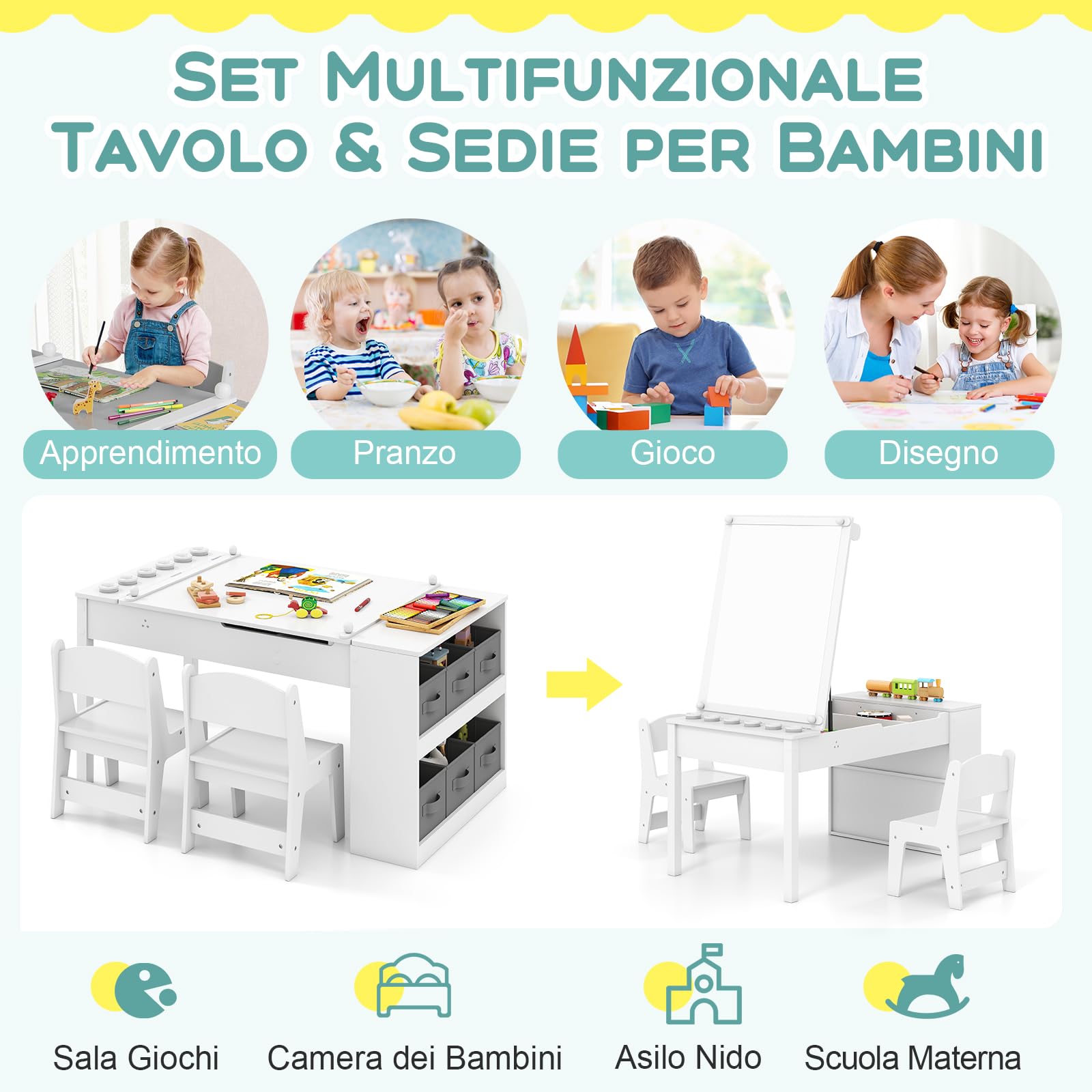 RELAX4LIFE Set Tavolino da Disegno e Sedie per Bambini, Scrivania con Piano Sollevabile, Rotolo di Carta, 6 Barattoli di Vernice e 6 Ceste di Tessuto, Tavolo Attività per Studio e Disegno (Bianco)
