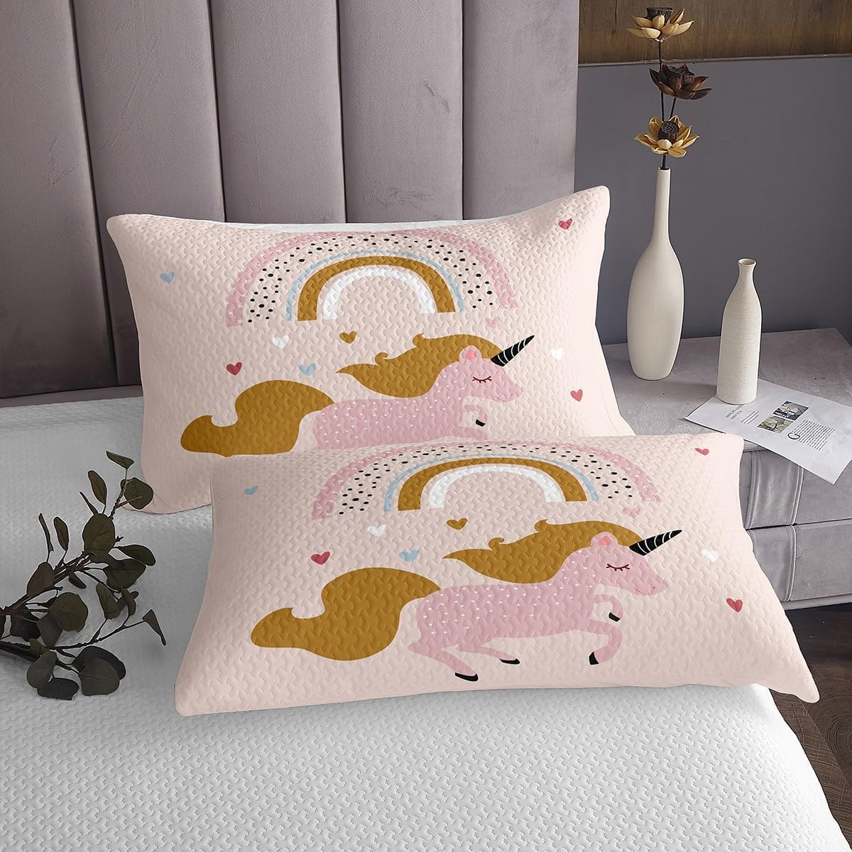 Erosebridal Cute Unicorn Girl Bedspread King Rainbow Unicorn Quilt Set Kawaii Rainbow Heart Pattern Coverlet Set for Kids Teens Girls,Cartoon Princess Style Bedding Quilted