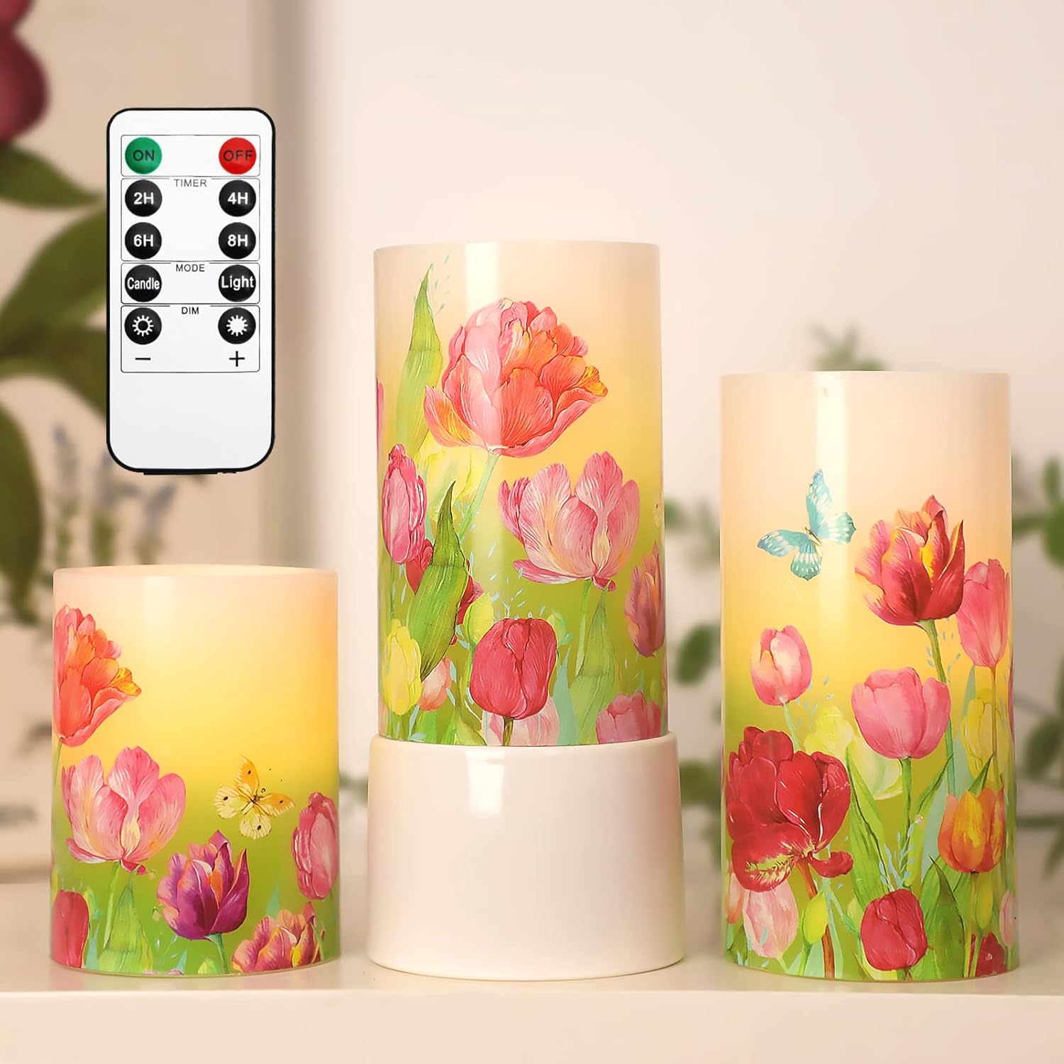 MELTONE Tulip Flameless Candles Flickering Real Wax LED Candles with Remote - Home Party Wedding Ocean Room Holiday Summer Decor - Set of 3