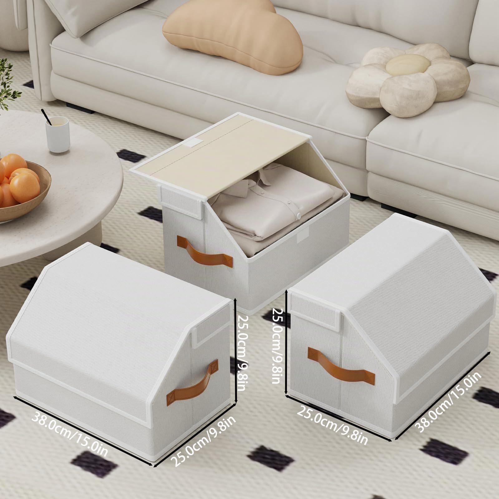 OUTBROS Cajas Almacenaje, Cesta Almacenamiento Tela con Mango, 38x25x25 cm Caixas Plegable, Organizador de Contenedores de Ropa y Libros, Blanco, 3 pieza