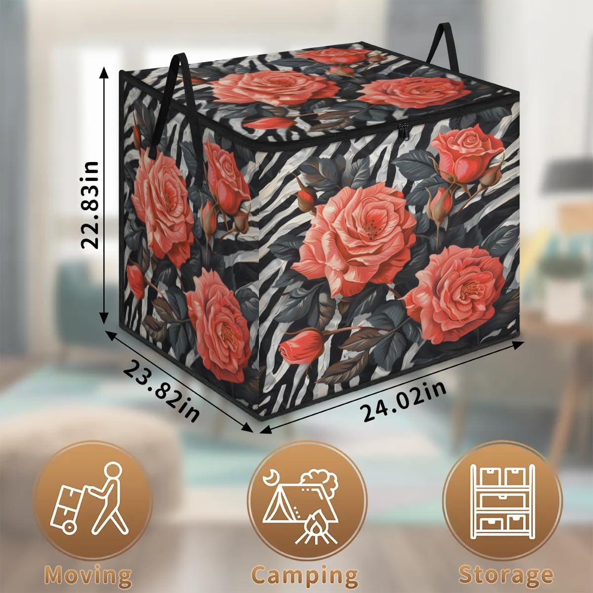 Honeybaby 214L Extra Large Comforter Storage Bag Zebra Pattern Rose Storage Totes with Lids Waterproof Closet Organizer Folding Blanket Storage Bags for Clothes Bedding Pillows