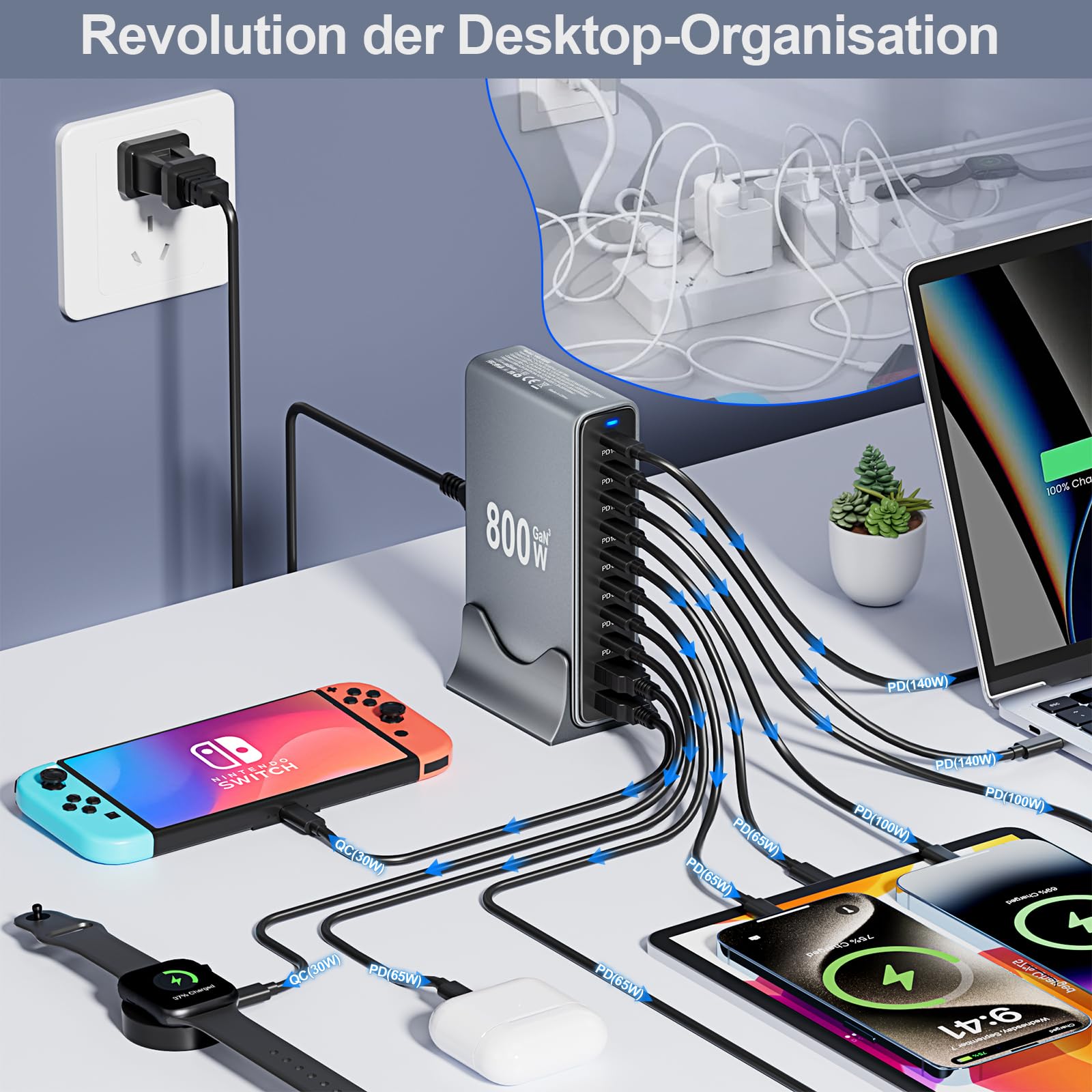 800W USB C Ladegerät Mehrfach, 10 Port GaN Ladestation mit 2X 140W PD für Mehrere Geräte, PPS Schnellladegerät Netzteil, Kompatibel mit MacBook Pro/Air, Laptop, iPad, iPhone, Huawei, Galaxy