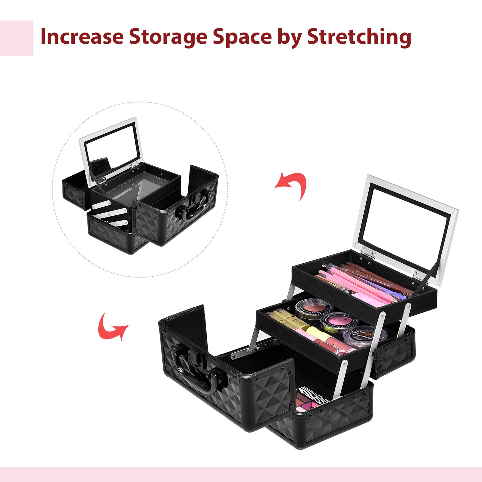 HOMASIS Valigetta Trucchi con Specchio, Borsa Trucco Professionale con 3 Livelli Estendibili, Mini Beauty Case con Maniglia e Serratura, 23 x 15 x 18 cm (Nero)