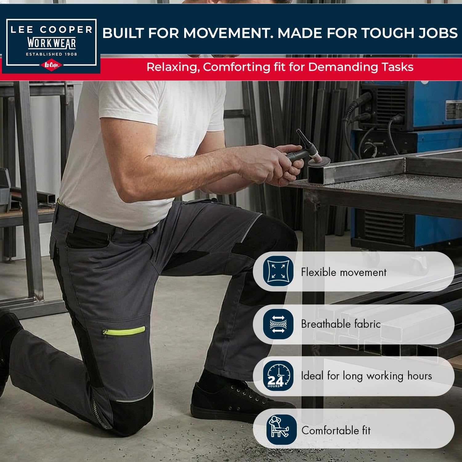 Lee Cooper LCPNT246 Męskie spodnie robocze cargo stretch z kieszeniami na nakolanniki, elementy Hi-Vis, kieszenie narzędziowe