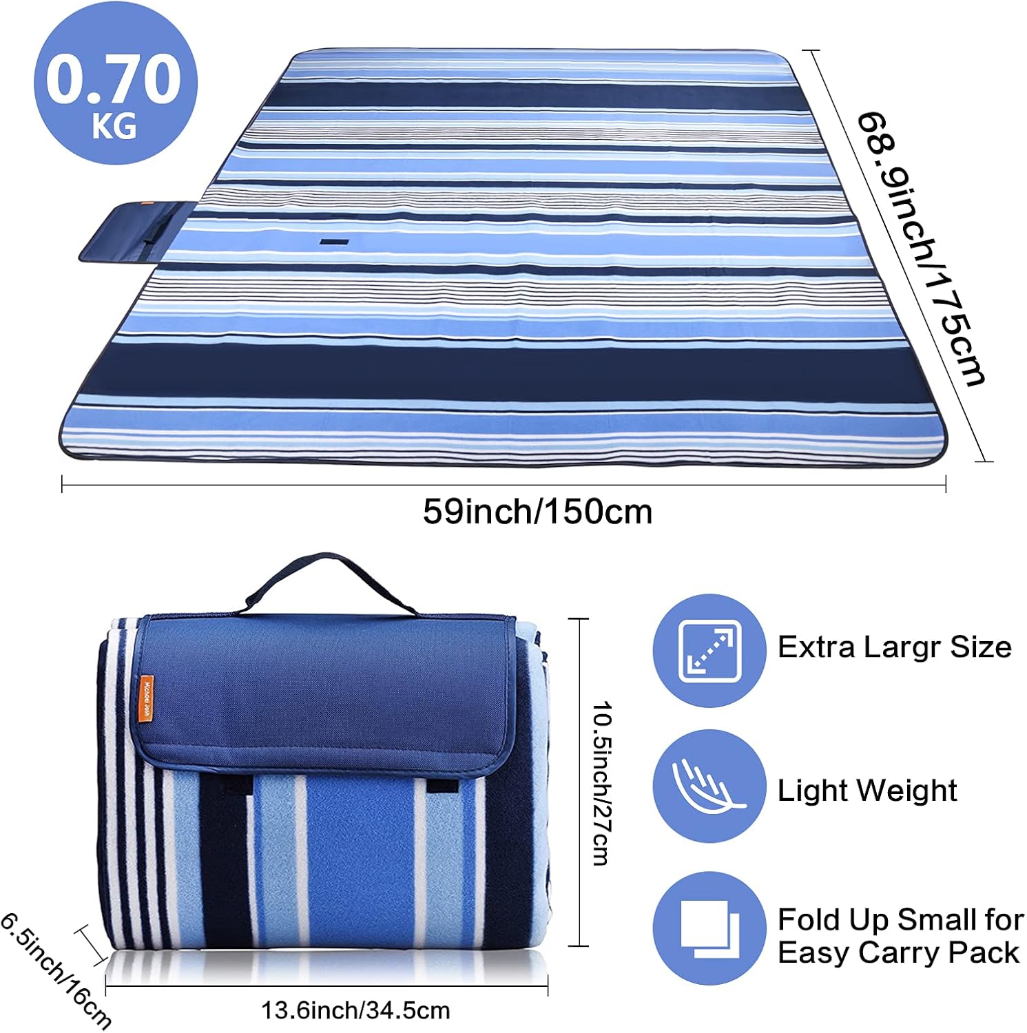 Michael Josh Large Outdoor Picnic Blanket, Waterproof Portable Picnic Mat, Soft Fleece Material Camping Tote Mat Great for Park, Hiking, Camping , Travelling (Blue, 68.89" X 59"): Kitchen & Dining