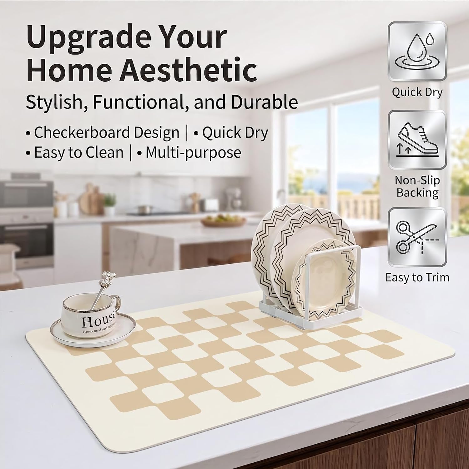 Mellon 2PCS Fast Absorb Drying Mat,Checkered Coffee Bar Accessories image 5