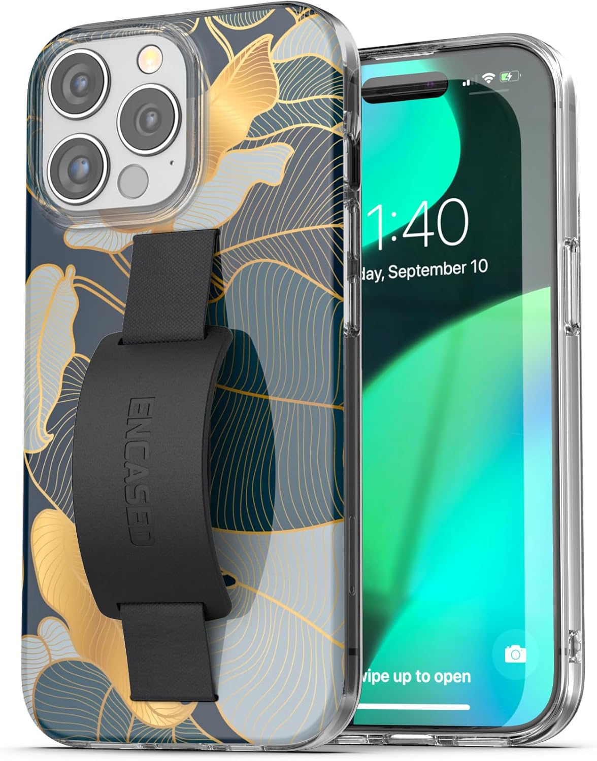 ENCASED Finger Loop Case, Designed for iPhone 15 Pro (2023) Hand Strap Grip Cover with Soft-Touch Silicone Phone Holder (Blue Gold Palm Leaf) - Image 4