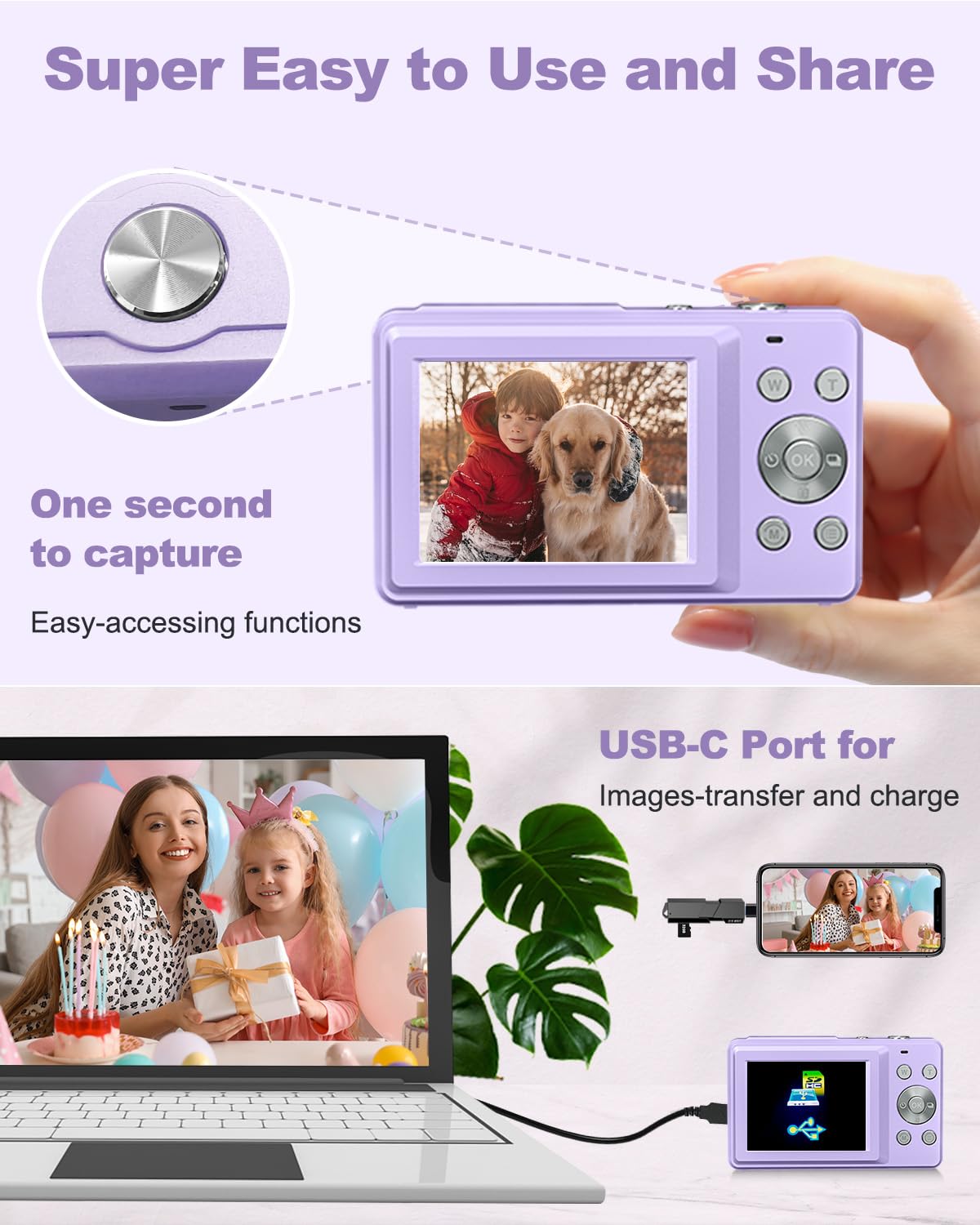 Fotocamera digitale 1080P 44MP, schermo LCD da 2,4 pollici, zoom digitale 16X, funzione selfie e autoscatto, compatta e portatile ideale per vlog, bambini, adolescenti e principianti