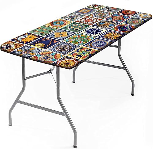 SongYi Mantel rectangular bohemio ajustable de 4 pies (24 x 48 pulgadas), borde elástico, mantel de poliéster con estampado floral mediterráneo de