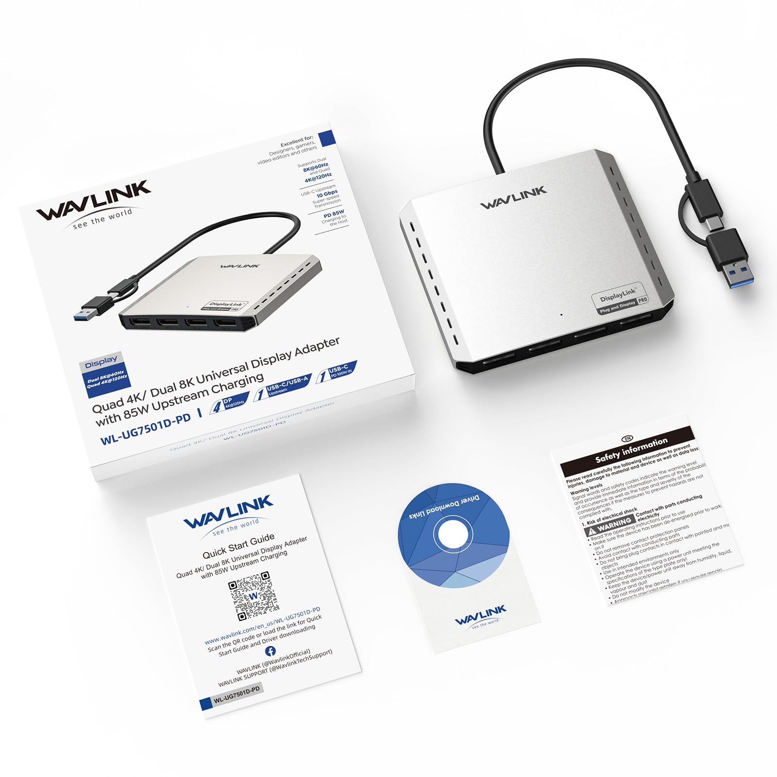 WAVLINK Répartiteur USB 3.0 USB C vers Quad Displayport pour Quatre écrans avec 85W PD, Adaptateur Displaylink 4 DP 4K @ 120 Hz pour Mac M1/M2/M3/M4 & Windows, Compatible avec Le Nouveau MacBook Neo