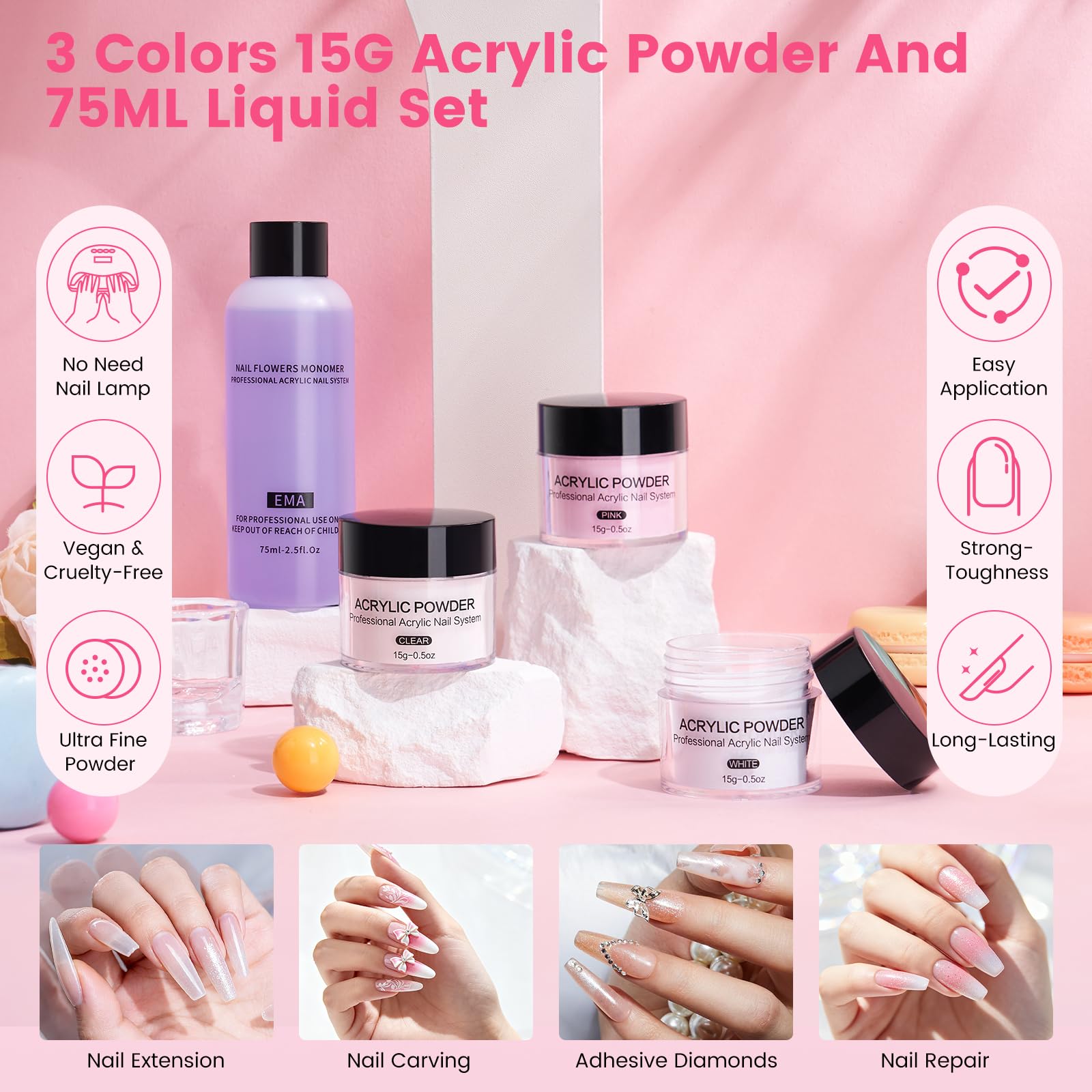 Yokilly Kit Uñas Acrilicas Completo: Acrilico Para Uñas con UV Lámpara Mano Dedo de Práctica para Uñas Limador De Uñas Electrico - Kit Uñas Semipermanentes Gel Polvo Acrilico Para Uñas