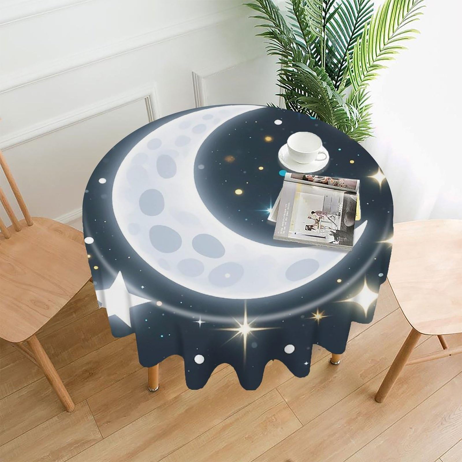 FekiLoot Stars and Moon Tablecloth Decorative Round Table Cloth Wrinkle Resistant Washable Circle Table Cover Round Tablecloth for Picnic Party Camping Dining 60 Inch