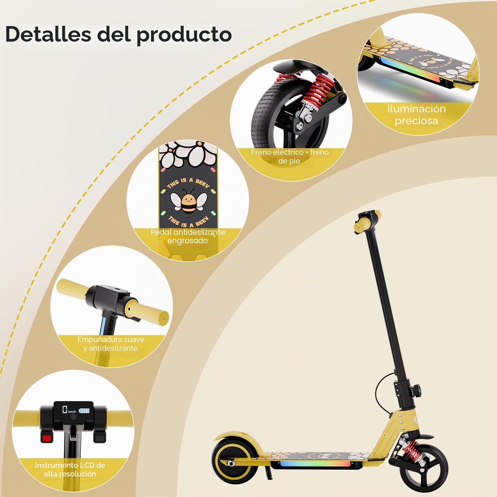 S5 Patín Eléctrico para Niños, Scooter Eléctrico Plegable con Luz LED, Llantas Todo Terreno de 6,5", Velocidad Máx. 14 km/h, para 6-14 Años, Amarillo