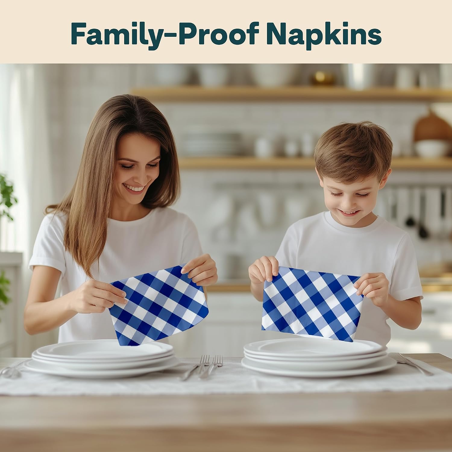 Gingham Cloth Napkins | Set of 12 | 18" x 18" Table Napkins | Checkered Blue White | Summer Picnic | Absorbent, Washable, Reusable, Stain & Wrinkle Resistant | Made in America