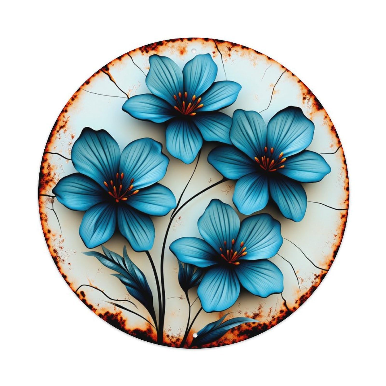 Blue Flowers On Cracked Ceramic Background Round Vintage Tin Sign,Retro Wall Art,Metal Poster for Home, Bar, Garage, Cafe, Rustic Indoor & Outdoor Decor, 8x8 Inches
