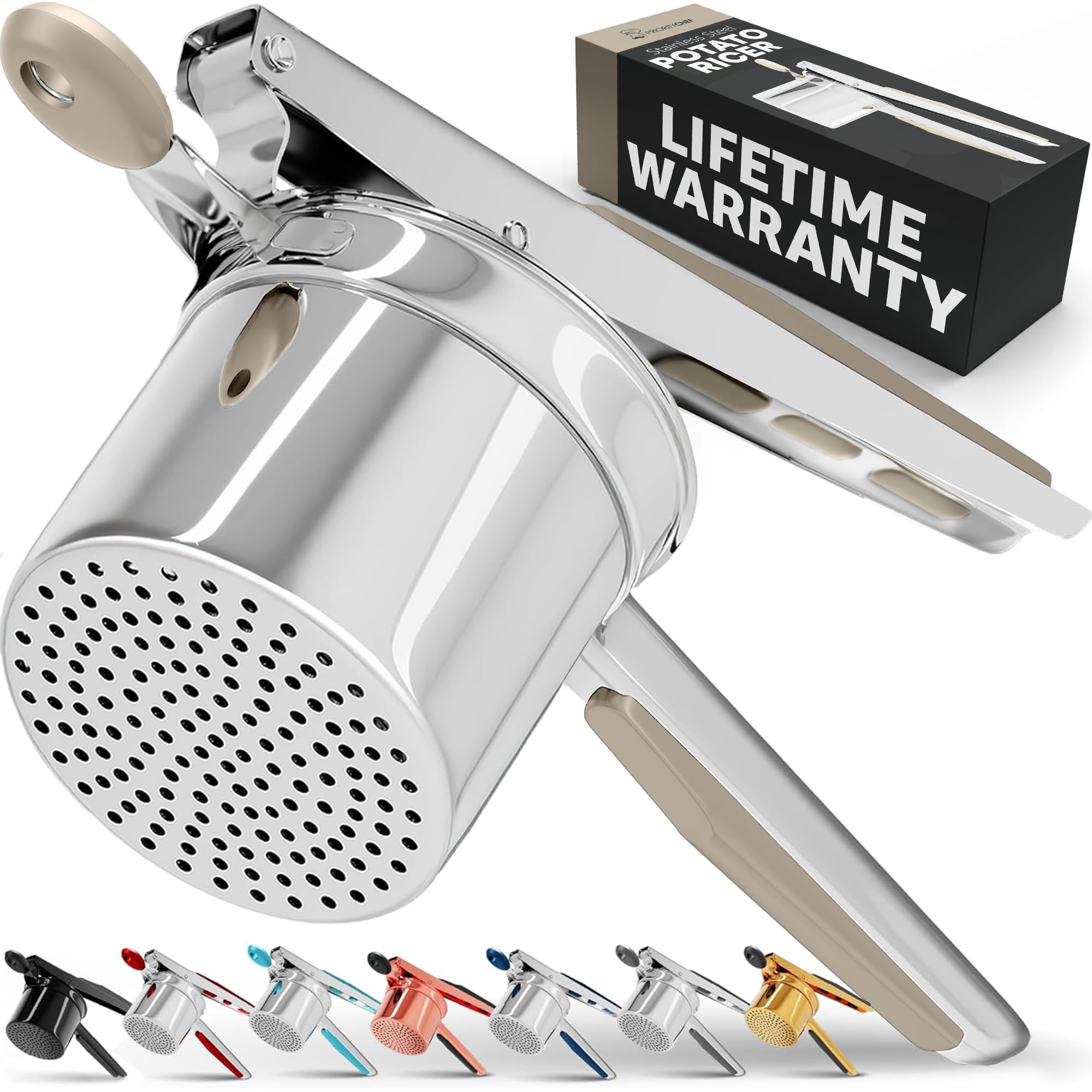 Large 15oz Potato Ricer, Heavy Duty Stainless Steel Potato Masher and Ricer Kitchen Tool, Press and Mash Kitchen Gadget For Perfect Mashed Potatoes - Everytime, Khaki