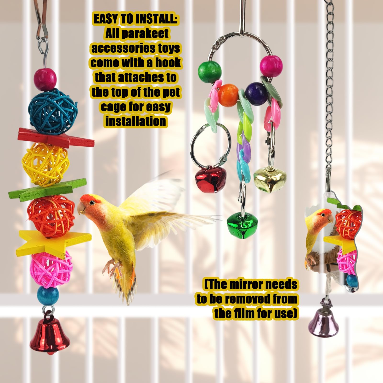 Parakeet Toys,7 Pcs Colorful Bird Toys for Parakeets,Pet Bird Cage Hammock Swing Climbing Ladders Chewing Toy Mirror Hanging Bell Wooden Perch for Budgerigar,Conures, Love Birds,etc
