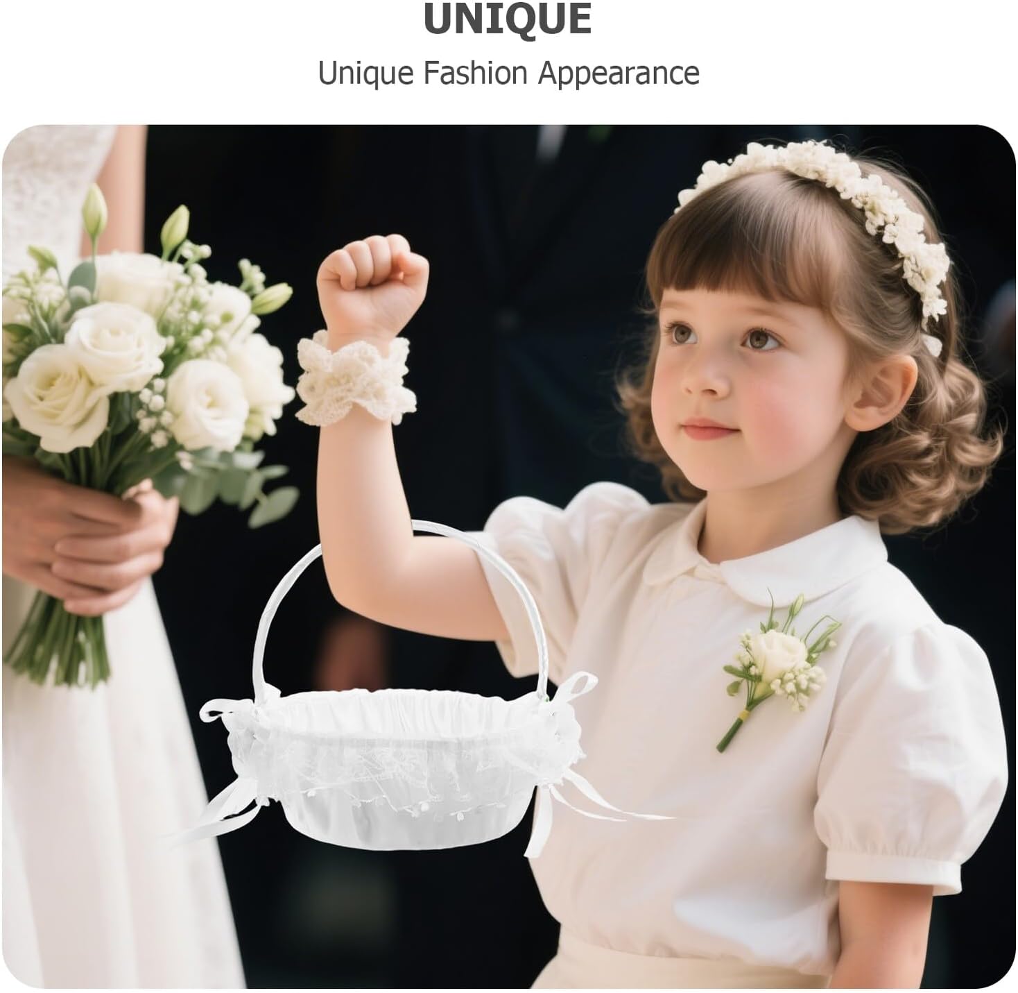 VILLCASE Wedding Lace Flower Girl Basket with Bow Handle, White Decorative Storage Basket for Wedding Ceremony, Anniversary, and Holiday Party Decorations