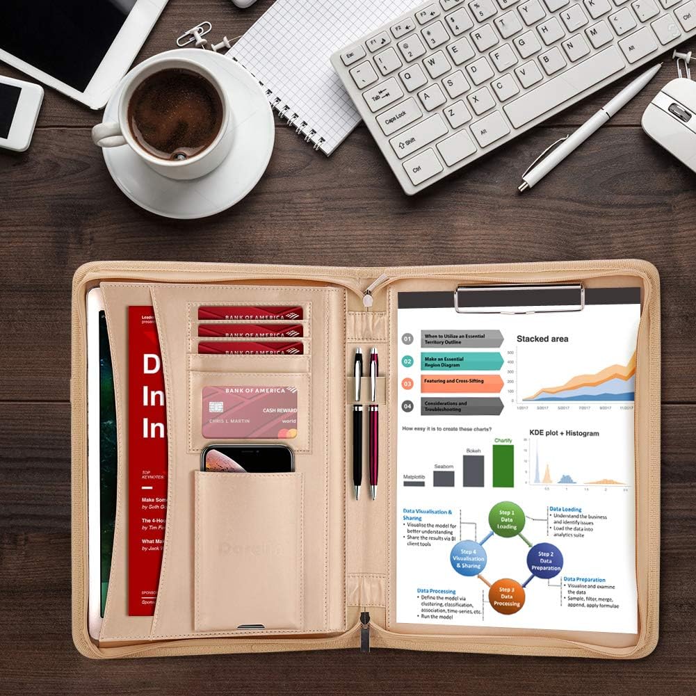 Darolin Zippered Leather Padfolio Portfolio with Hidden Handle and Clipboard, Business Conference Organizer Notepad Folder, Portfolio Bag, Padfolio for Women/Men (Gold)