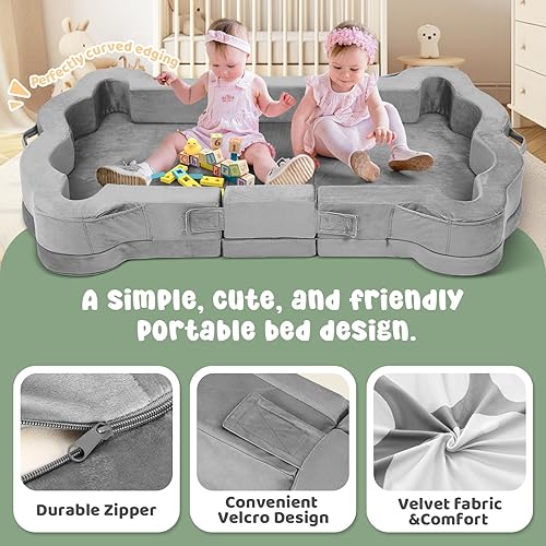 Miniatura 4 de Cama plegable portátil de viaje para niños pequeños, cama de piso con funda lavable para niños, suave y segura (gris)
