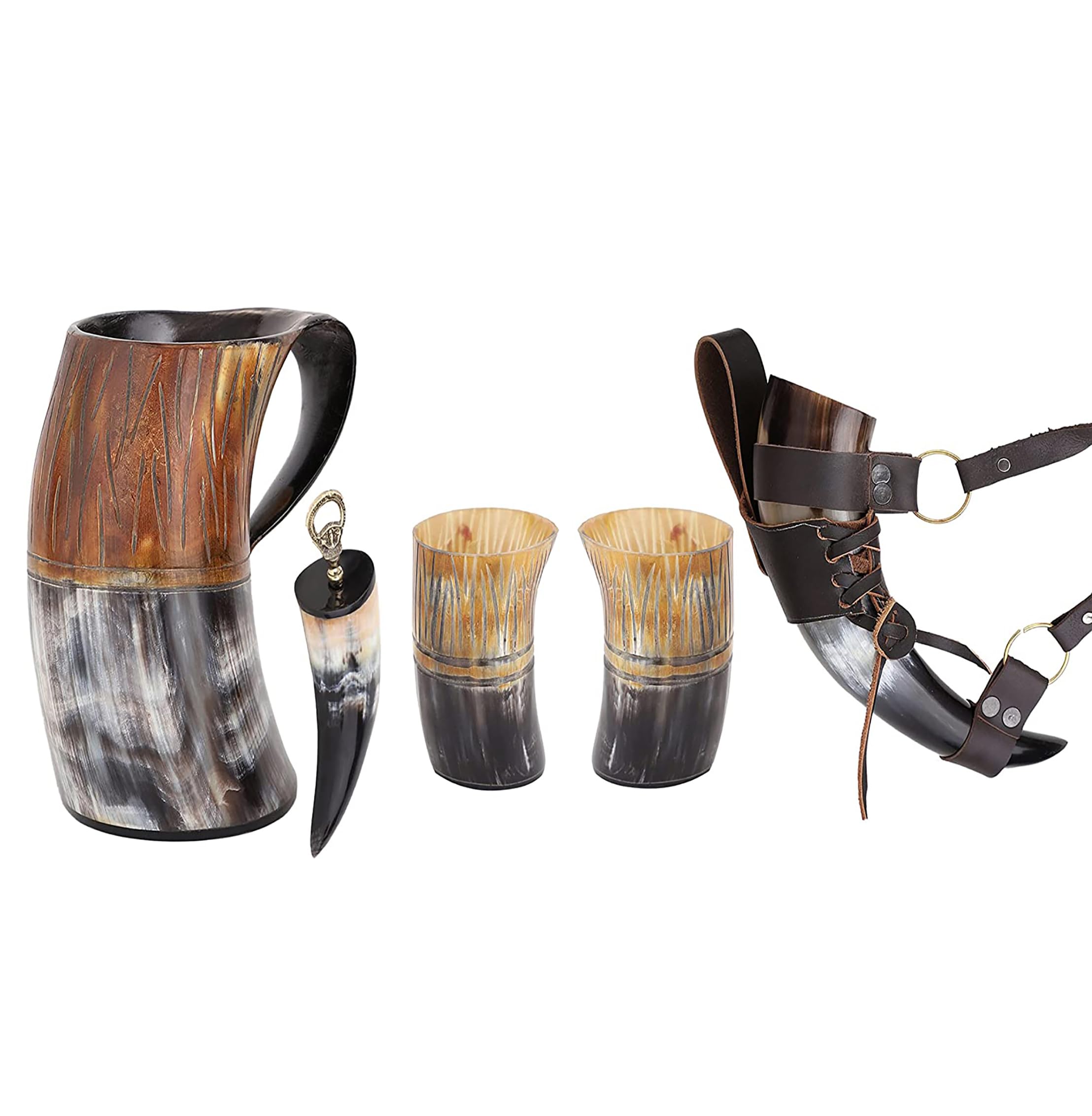 Viking Drinking Horn Mug Set - 7 Piece Collection with Leather Strap, Drinking Horns, Bottle Opener, 2 Shot Glass and 16 Oz Engraved Mug