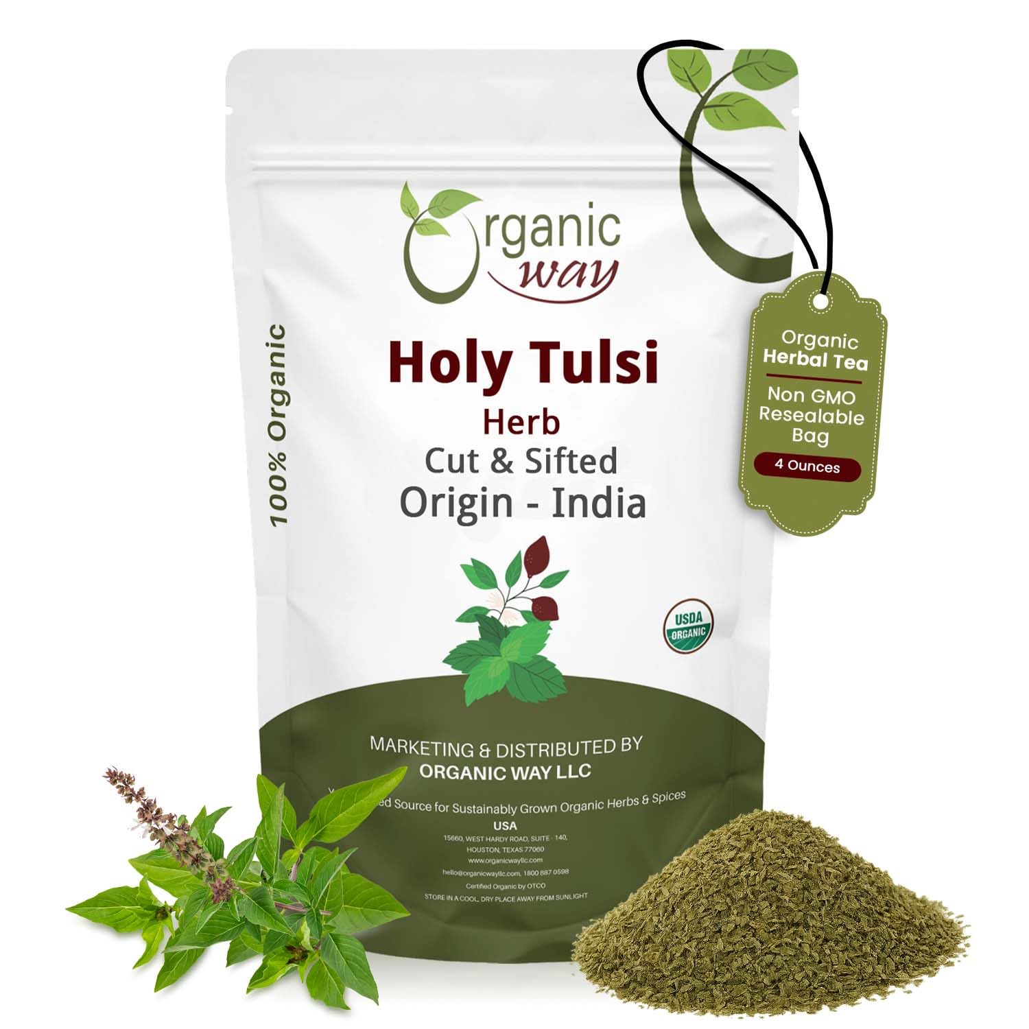 Organic Way Holy Tulsi/Holy Basil Herb Cut & Sifted (Ocimum Tenuiflorum) – Organic & Kosher Certified | Raw, Vegan, Non GMO & Gluten Free | USDA Certified | Origin – India (1/4 LBS / 4 Oz)