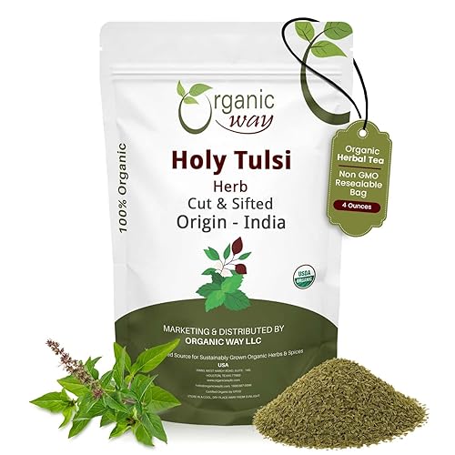 Organic Way Tulsi sagradohierba de albahaca sagrada cortada y tamizada (Ocimum Tenuiflorum) - Certificado orgánico y Kosher  Crudo, vegano, sin OMG