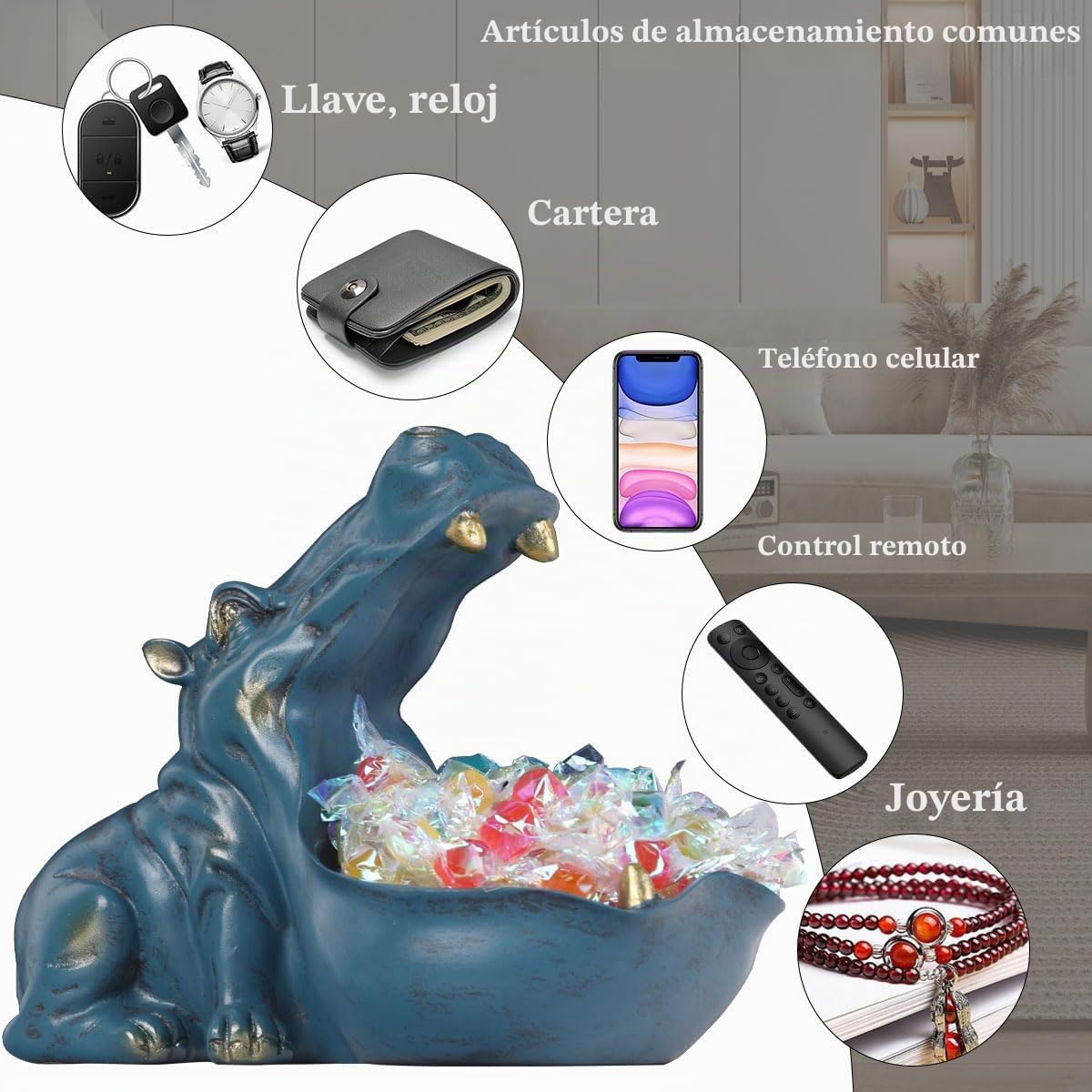 Figura de hipopótamo, Plato de Caramelo y Cuenco para Llaves, Estatua única de hipopótamo de Resina para Escritorio de Oficina y Decor de Mesa de Entrada, Soporte para Joyas y Soporte para Cartera