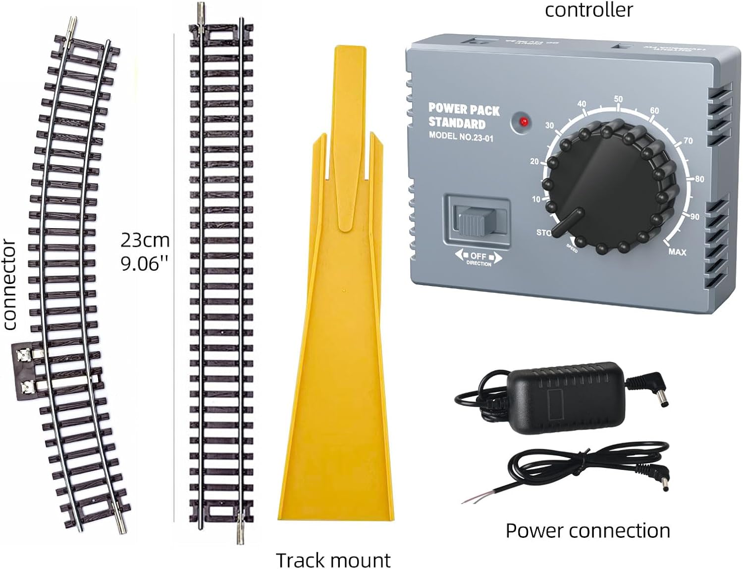 HO Scale Train Track Control Kit with Power Pack Standard Controller, Track Mount, Connector, Power Connection, Model No.23-01