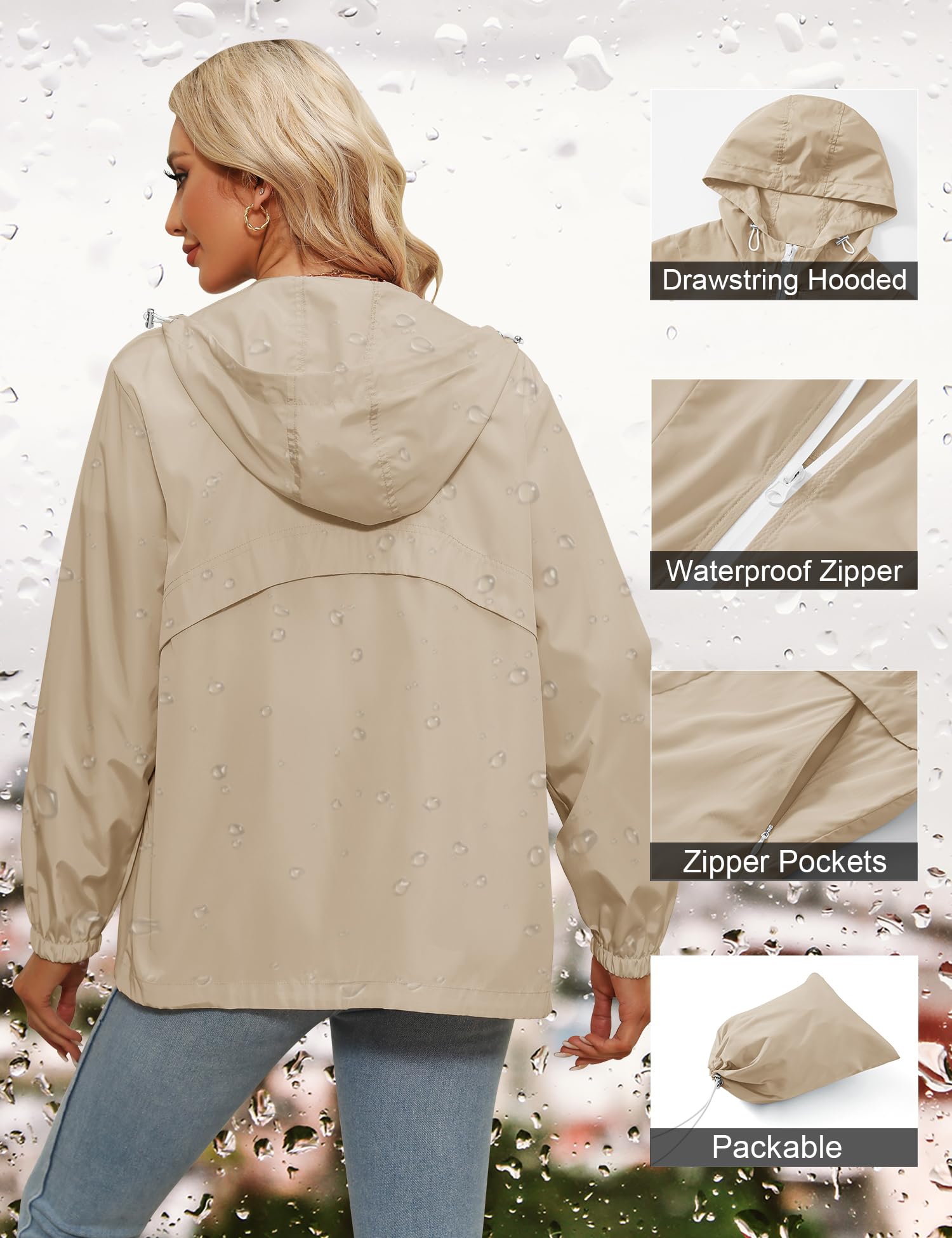 Tisfeer - Impermeabile da donna con cappuccio, leggero, antivento, ripiegabile, giacca a vento con cappuccio