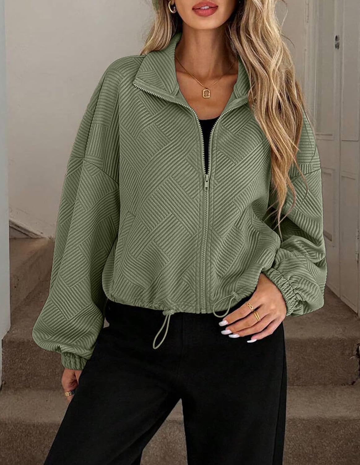 KARRESLY Women’s Cropped Jacket Stand Collar Long Sleeve Lightweight Casual Zip Up Outerwear Coat with Pockets - Image 2