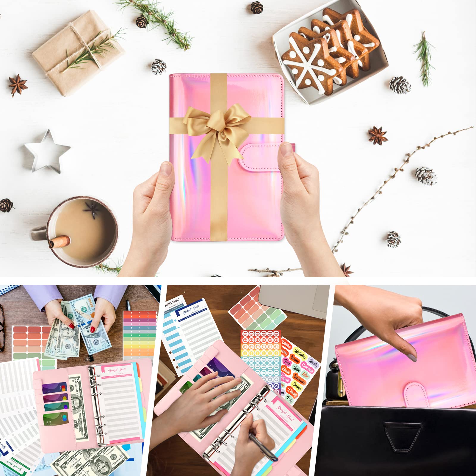 LTZGO Budget Planner Classeur A6 Cuir PU Organisateur Budget 8 Pochettes 40 Tableaux Rose