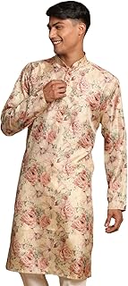 VASTRAMAY Men's Brown Silk Blend Kurta | A Stylish Flower Printed Straight Kurta In Silk Blend Fabric - Traditional for Na...