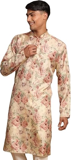 VASTRAMAY Men's Brown Silk Blend Kurta | A Stylish Flower Printed Straight Kurta In Silk Blend Fabric - Traditional for Na...