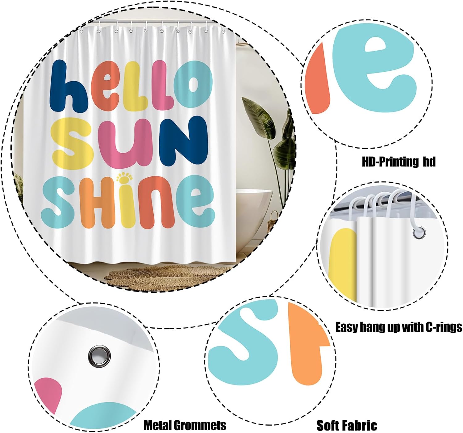 Hello Sunshine Shower Curtain Funny Quotes Colorful English Letter Hello Sunshine Sun Simple Classic Cartoon Creative Art Polyester Bathroom Decor Sets Curtain with Hooks,White