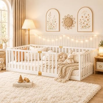 Twin Size Montessori Floor Bed with High Rails and Slats, Solid Wood Floor Bed Frame with Fence,Twin Low Wooden Kids Beds with Guardrails for Boys Girls,No Box Spring Needed, White
