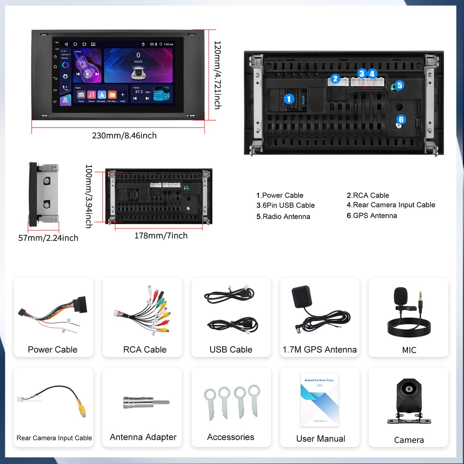 SIXWIN 4+64 GB Android 15 Autorradio para Ford C-MAX/Galaxy Mk2/Connect Mk1/Fiesta/S-Max con CarPlay/Android Auto, Pantalla Táctil de 7'' con WiFi, GPS, Bluetooth 5.0, Radio FM RDS, 32EQ+Cámara