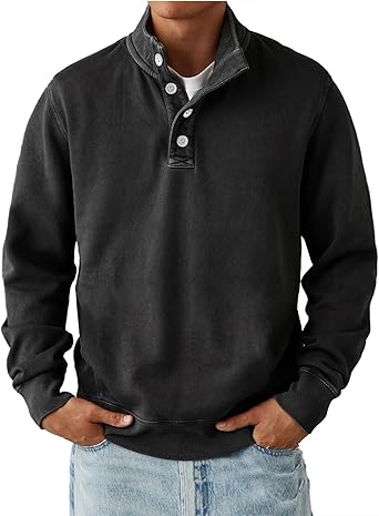 Mens Long Sleeve Sweatshirts Quarter-Button Lapel Tops Loose Fit Solid Washed Shirts Midweight Comfort Simple Tops