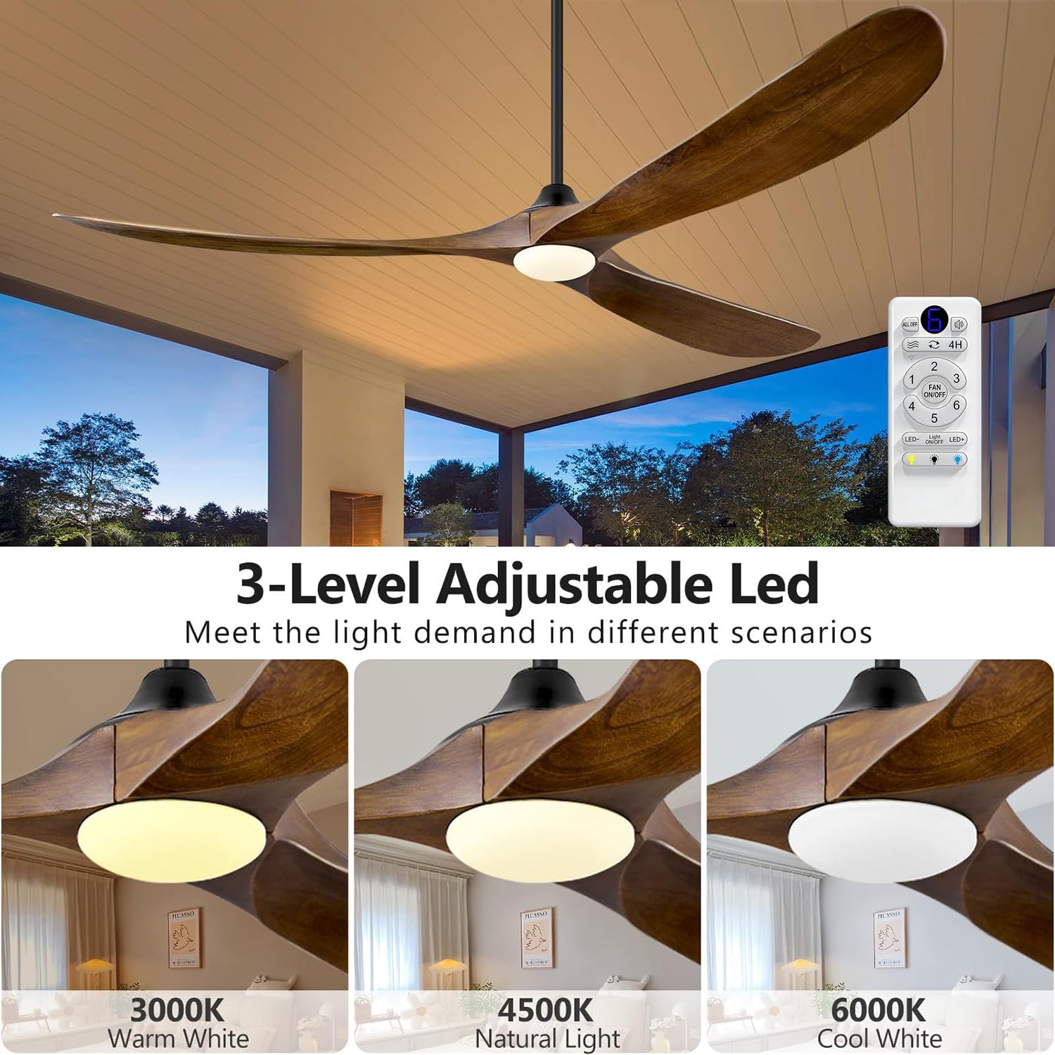 ABZ 72 Inch Ceiling Fans with Lights, Solid Wood Propeller Large Ceiling Fans with Lights and Remote Control 3 Blades Outdoor Ceiling Fan High cfm for Patios Gazebo Indoor Farmhouse, Walnut Wood