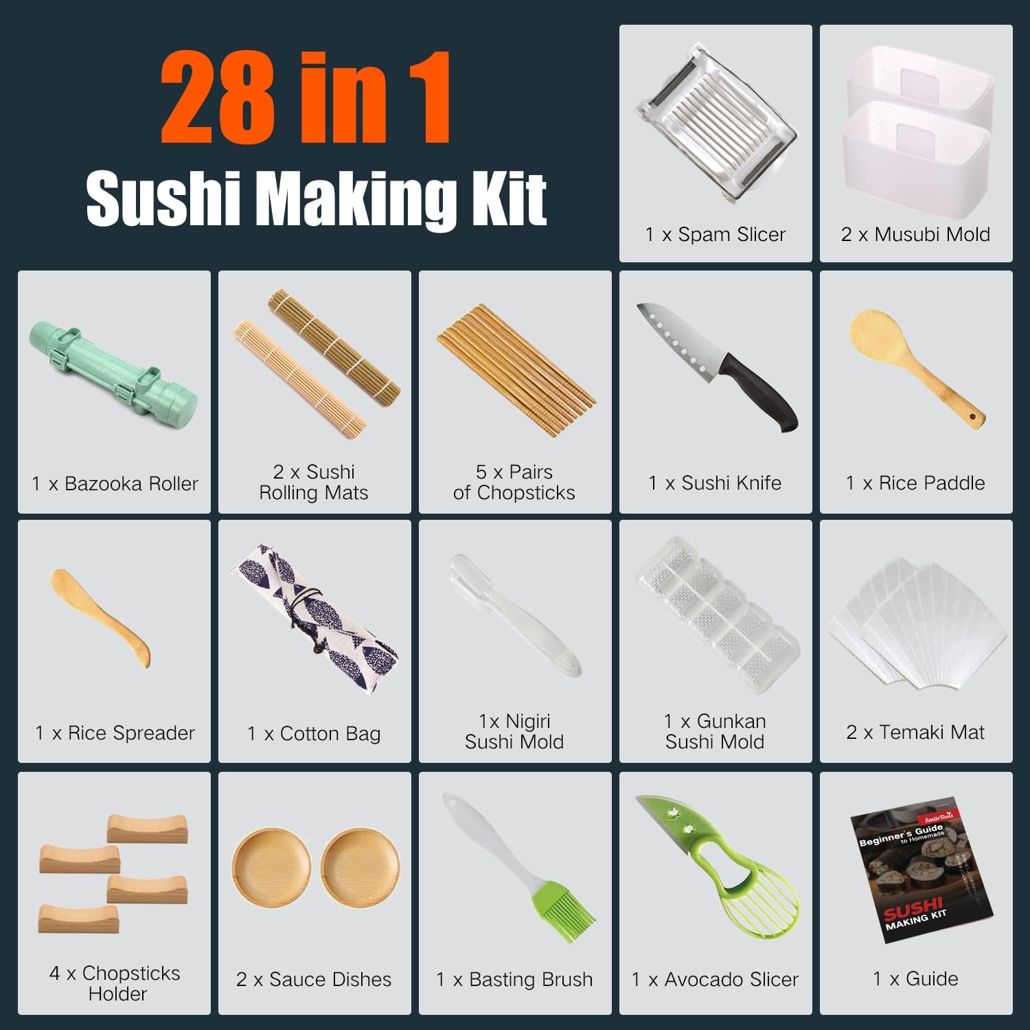 SmileTools Sushi Making Kit & Musubi Maker Kit - for Beginners & Pros with Sushi Roller Bazooka, 2 Bamboo Mats, 2 Musubi Press Molds and Spam Slicer