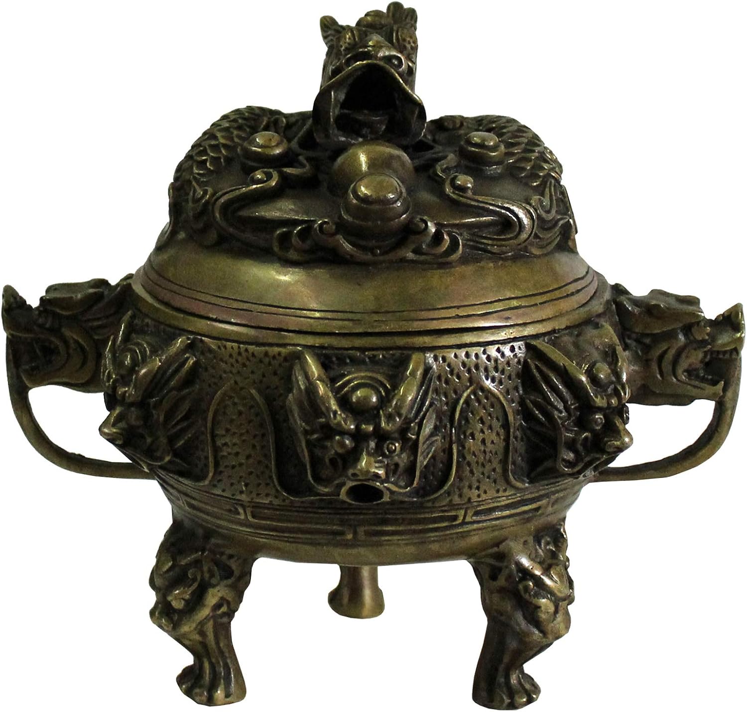 Chinese Brown Dragon Head Lid, Dragons Bronze Incense Burner Aws420