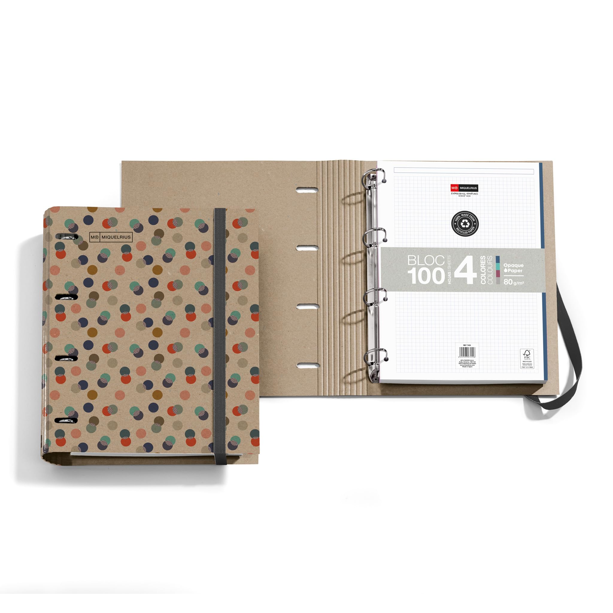 Miquelrius - Recycelter Ordner, A4, Ringbuch mit 4 Ringen + Nachfüllung 100 Blatt 80 g/m² mit 5 mm Raster, Gummizugverschluss, Eco Confetti