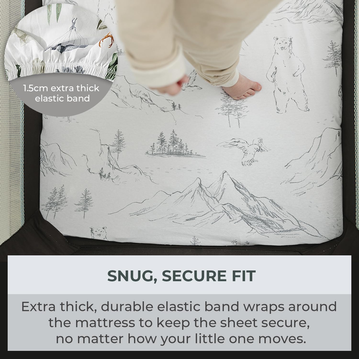 Pobibaby - 2 Pack Premium Pack N Play Sheets Fitted for Standard Pack and Plays and Mini Cribs - Ultra-Soft Cotton Blend, Stylish Woodland Pattern, Safe and Snug for Baby (Explore)