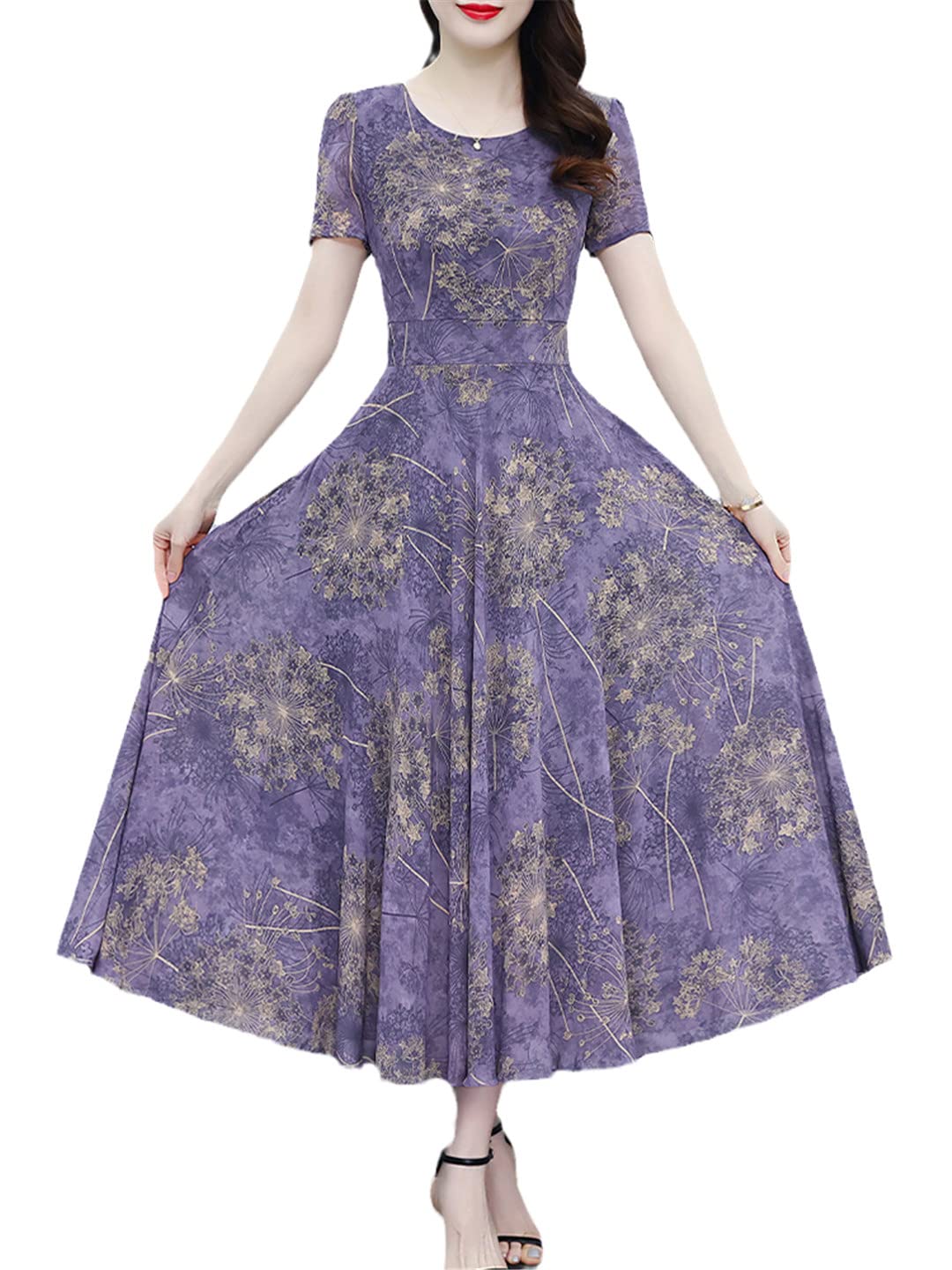 Abito lungo estivo da donna, vintage, in chiffon, floreale, elegante, formale, casual, aderente